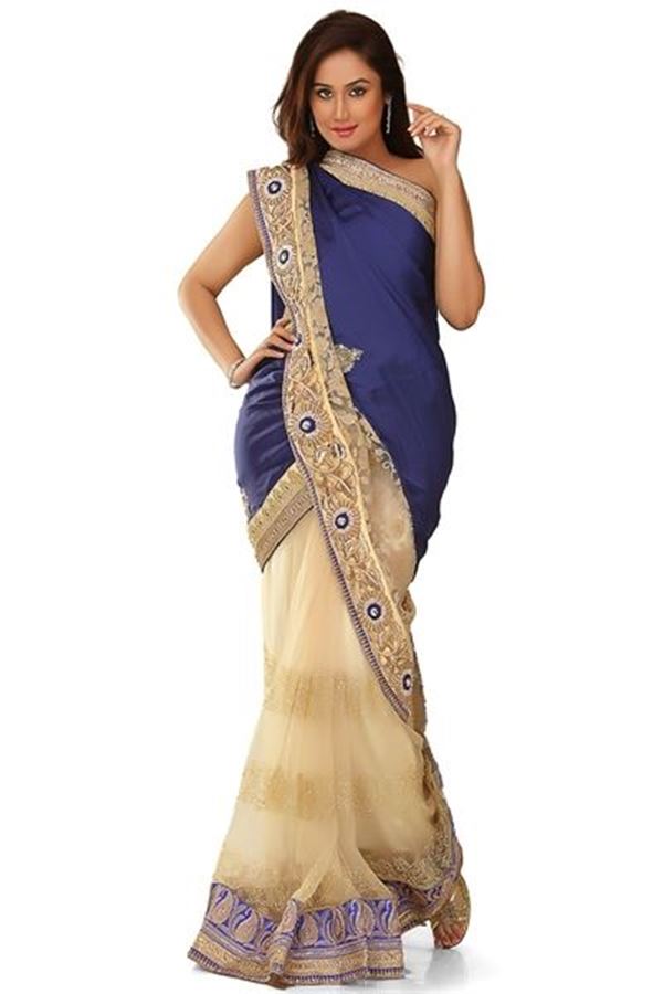 Picture of Stunning wedding wear blue & beige color saree
