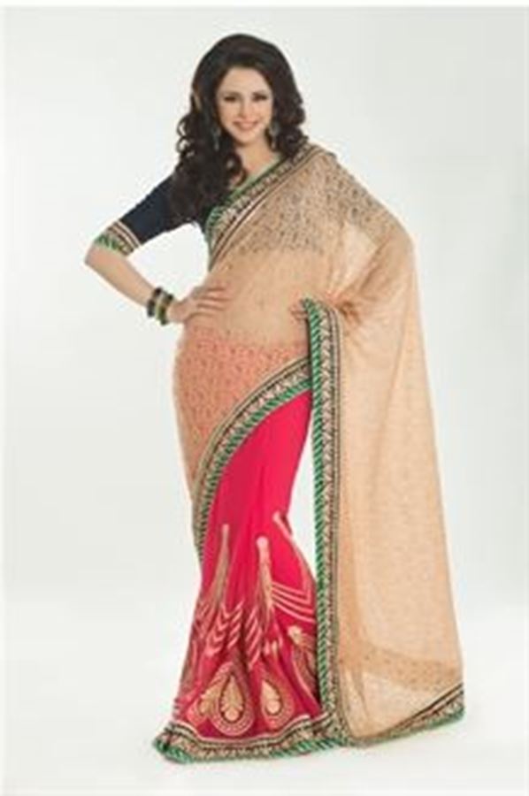 Picture of Wedding wear beige & pink color saree
