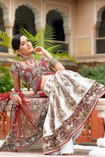 Picture of Traditional white & red colors velvet lehenga choli