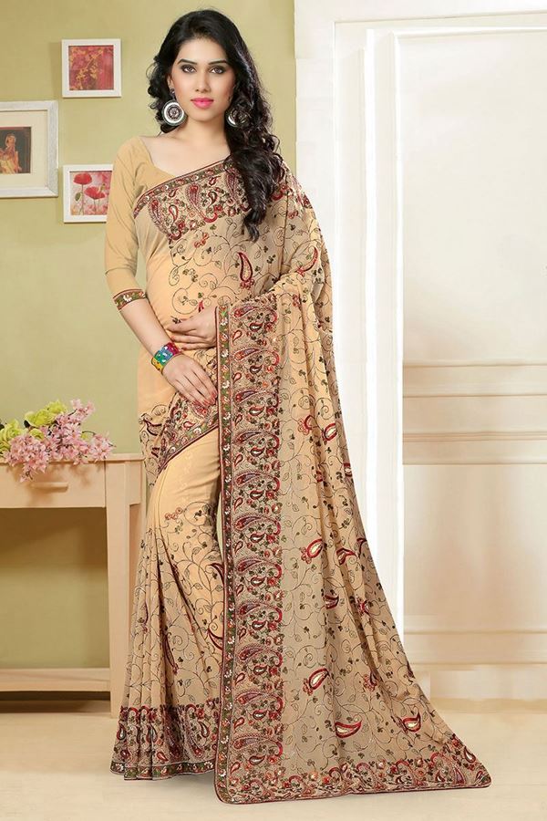 Picture of Subtle beige saree with multicolor resham embroidery