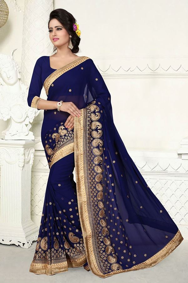 Picture of Stunning blue georgette saree with zari