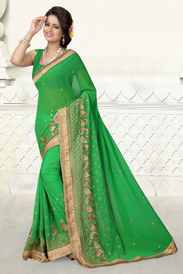 Picture of Bright green georgette saree with zari