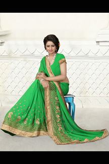 Picture of Bright green georgette saree with zari