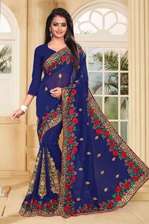 Picture of Stunning deep blue saree with resham