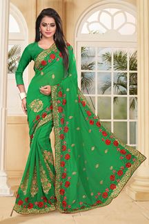 Picture of Classic green saree with red resham