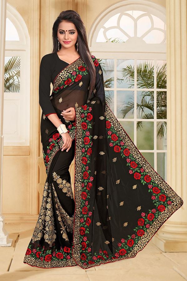Picture of Bold black saree with red & green resham