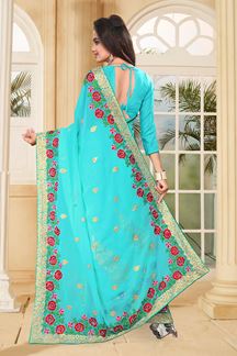 Picture of Lovely blue designer saree with resham