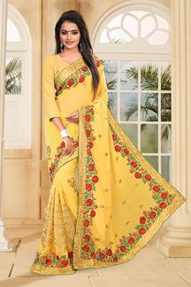Picture of Fabulous yellow georgette saree with zari