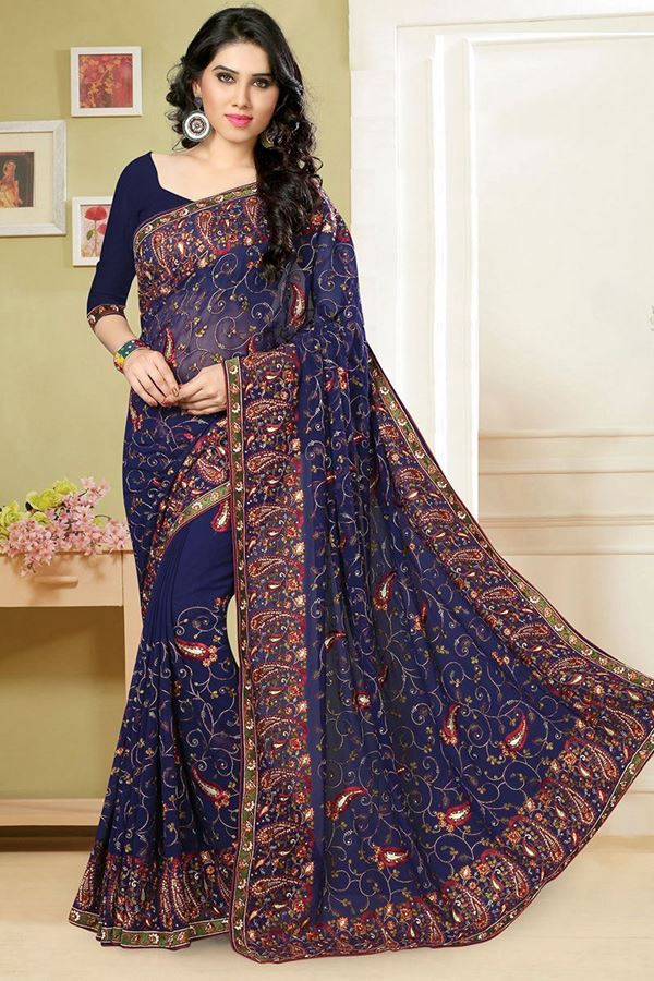 Picture of Rich resham worked saree in deep blue