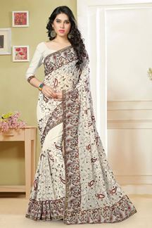 Picture of Pristine cream saree with resham & zari