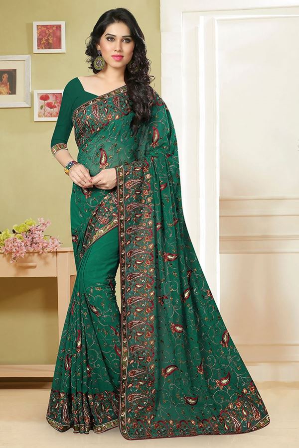 Picture of Marvelous deep green saree with resham