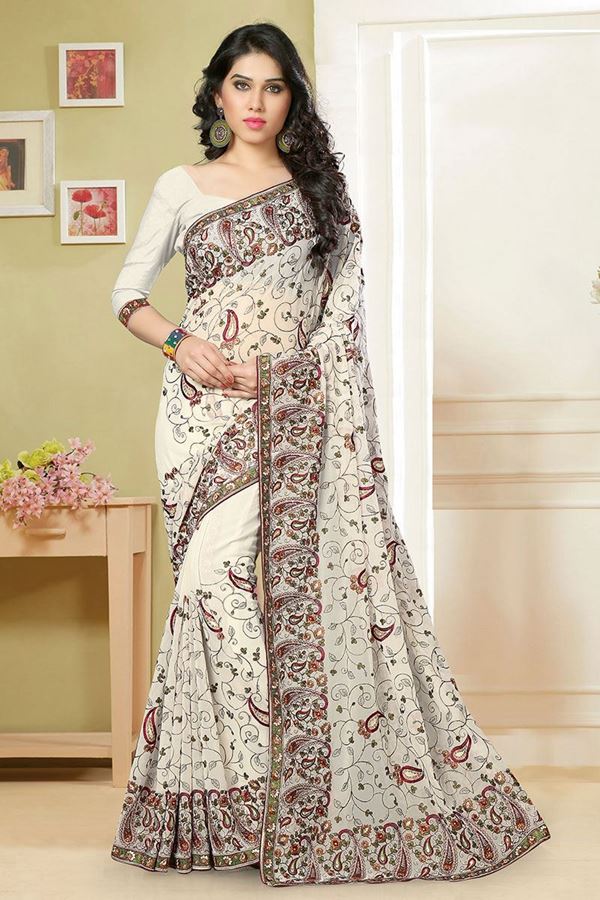 Picture of Ravishing white designer saree with resham work