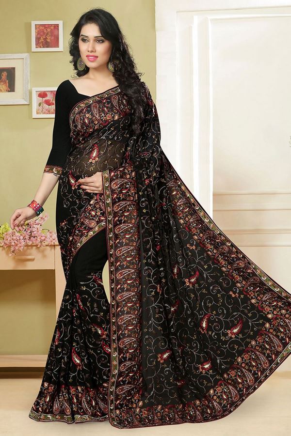 Picture of Luscious black georgette saree with resham work