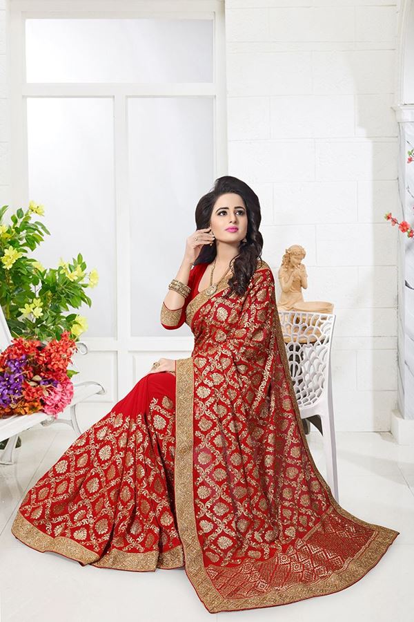 Picture of Sparkling red designer saree with zari