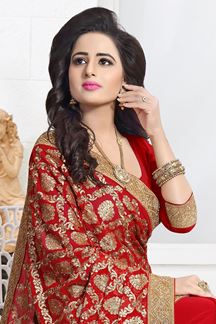 Picture of Sparkling red designer saree with zari