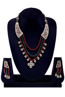 Picture of Red & green beads worked necklace set