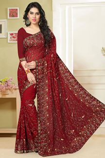 Picture of Deep red georgette saree with resham work