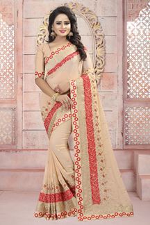 Picture of Pastel peach designer saree with resham