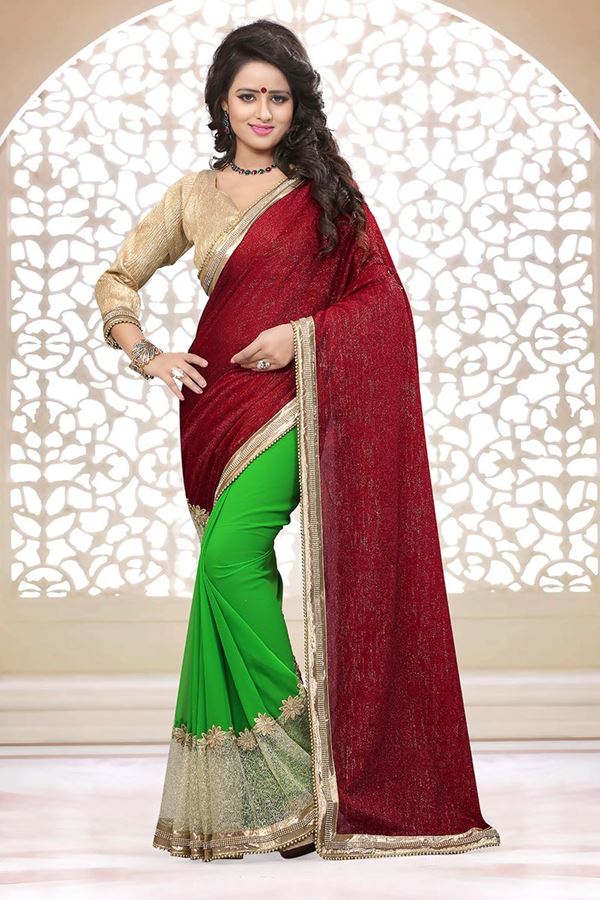 Picture of Stunning maroon & green half & half saree