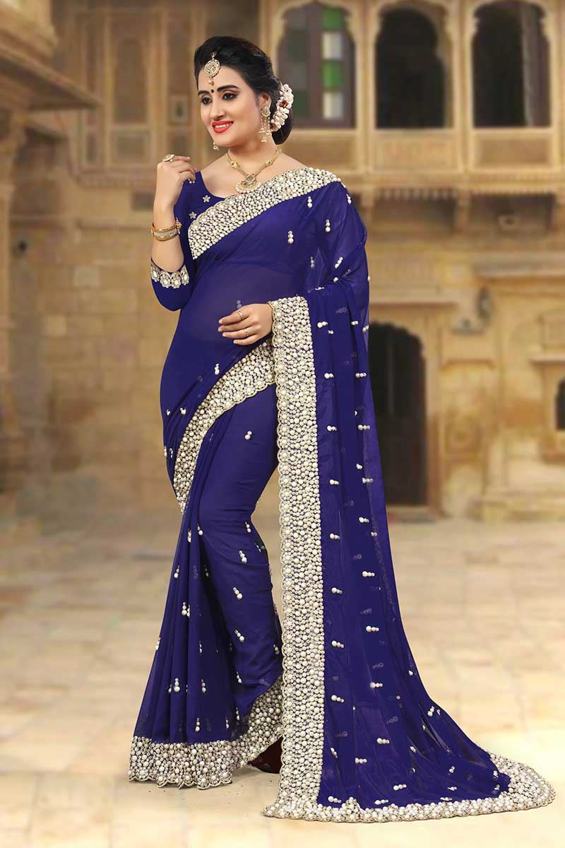 Designer saree navy blue sale