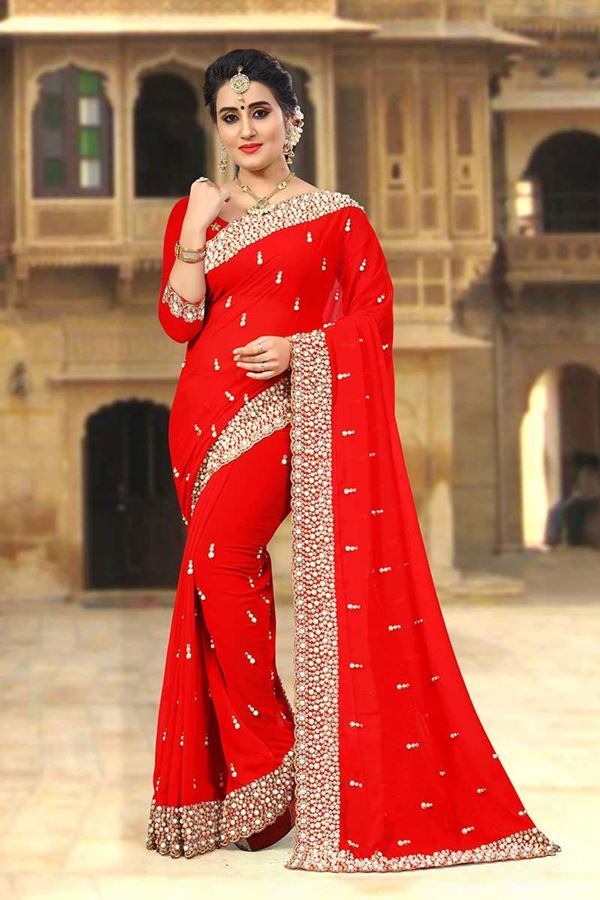 Picture of Striking red designer saree with motifs