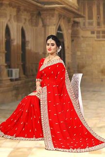 Picture of Striking red designer saree with motifs