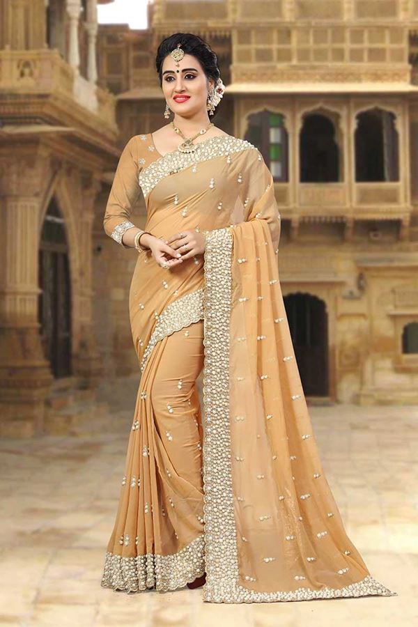 Picture of Gorgeous beige designer saree with pearl