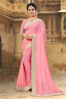 Picture of Fashionable Peach designer saree with zari