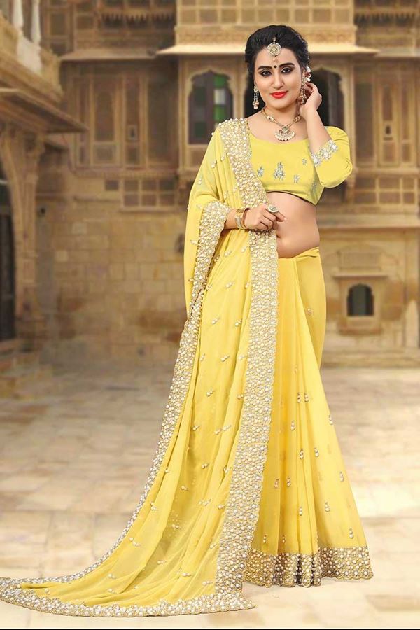 Picture of Divine yellow designer saree with pearls