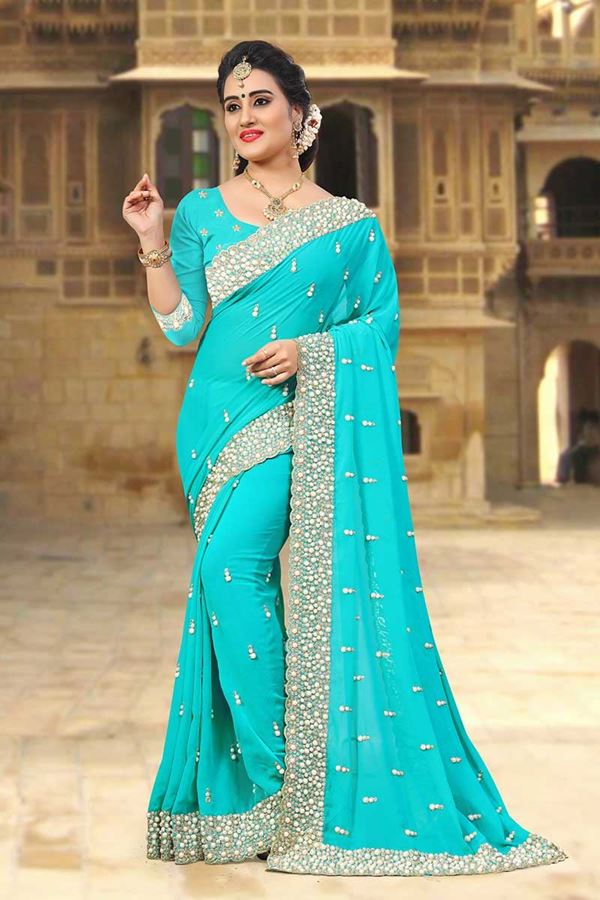 Picture of Ravishing blue designer saree with pearls