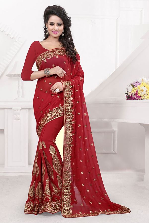 Picture of Stunning red georgette saree with zari