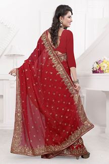 Picture of Stunning red georgette saree with zari