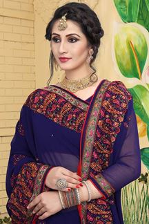 Picture of Rich navy blue sheer saree with resham