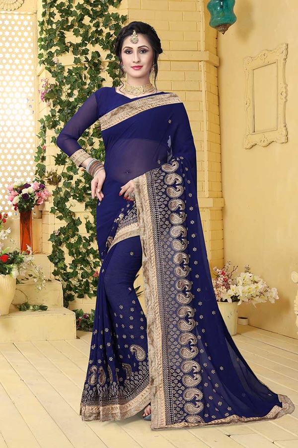 Picture of Luxurious deep blue designer plain saree