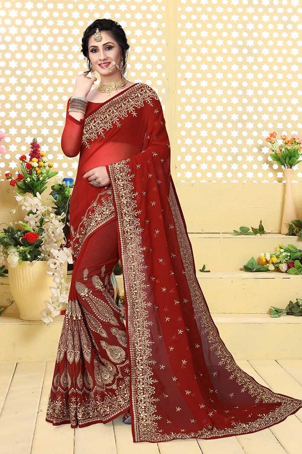 Picture of Lovely red designer saree with work