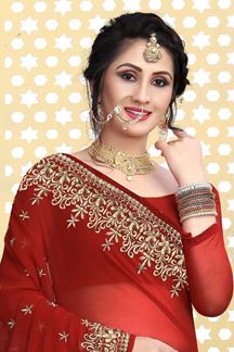 Picture of Lovely red designer saree with work