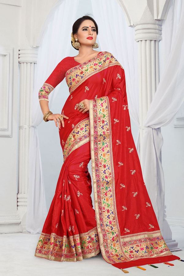 Picture of Fetching Red designer saree with zari & Embroidery Work