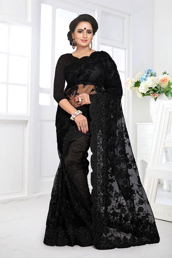 Picture of Flaunt Black Colored Embroidered Party Wear  Net Saree