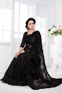 Picture of Flaunt Black Colored Embroidered Party Wear  Net Saree