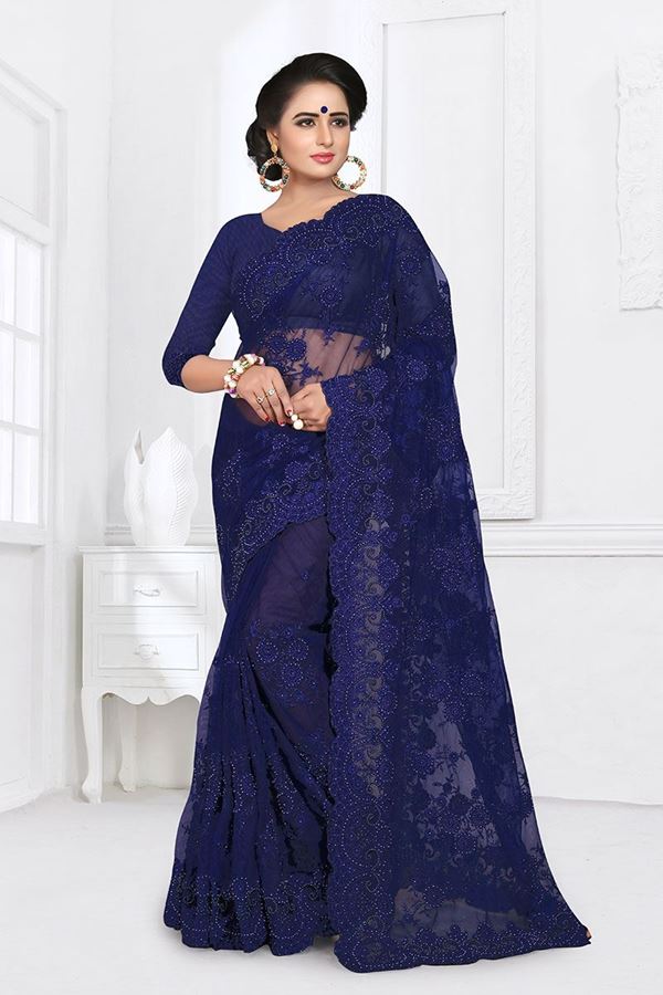 Picture of Stylish Navy Blue Colored Partywear Embroidered Net Saree