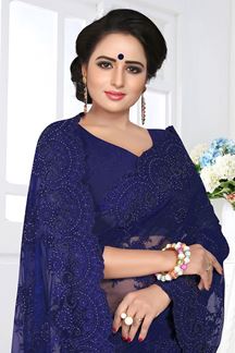 Picture of Stylish Navy Blue Colored Partywear Embroidered Net Saree