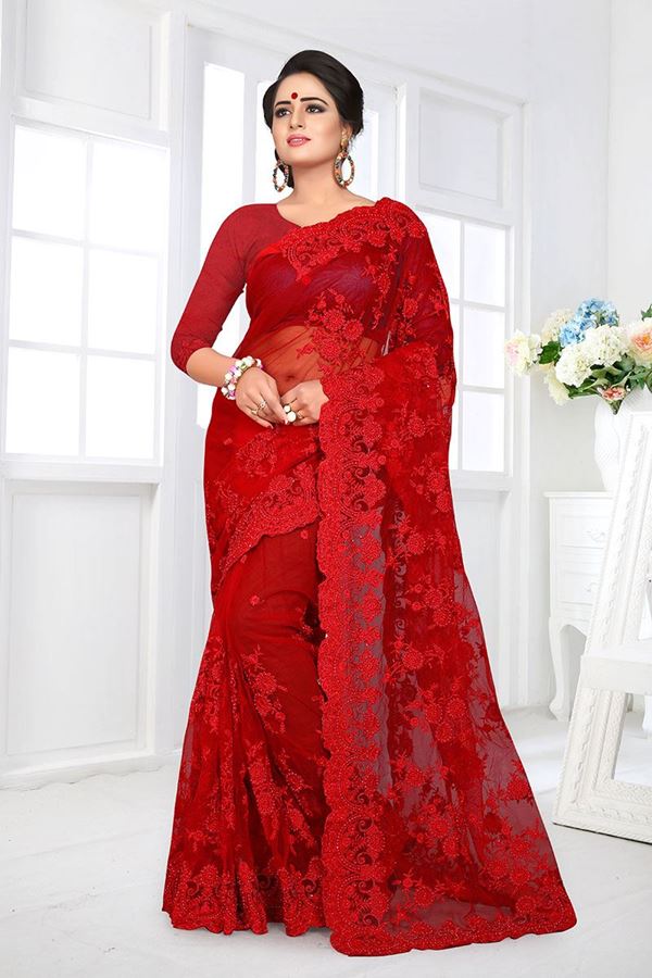 Picture of Lovely Red Colored Party Wear Embroidered Net Saree
