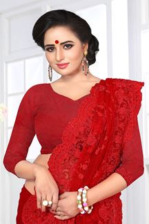 Picture of Lovely Red Colored Party Wear Embroidered Net Saree