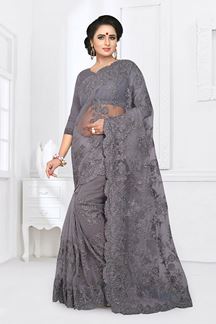 Picture of Pleasance Grey Colored Party Wear Embroidered Net Saree