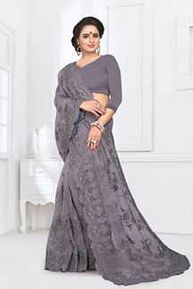 Picture of Pleasance Grey Colored Party Wear Embroidered Net Saree