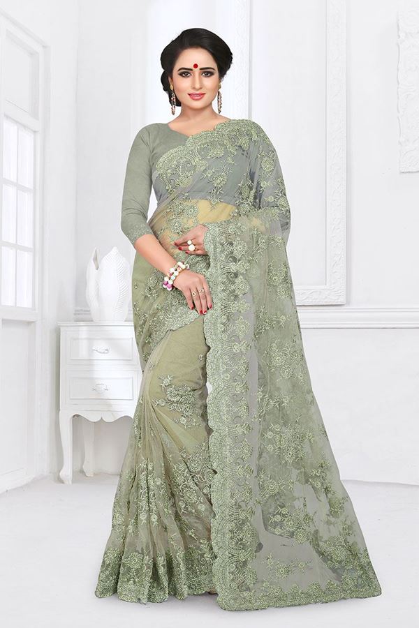 Picture of Green Colored Designer Embroidered Partywear Net  Saree