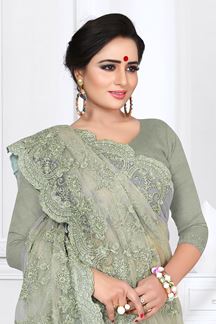 Picture of Green Colored Designer Embroidered Partywear Net  Saree