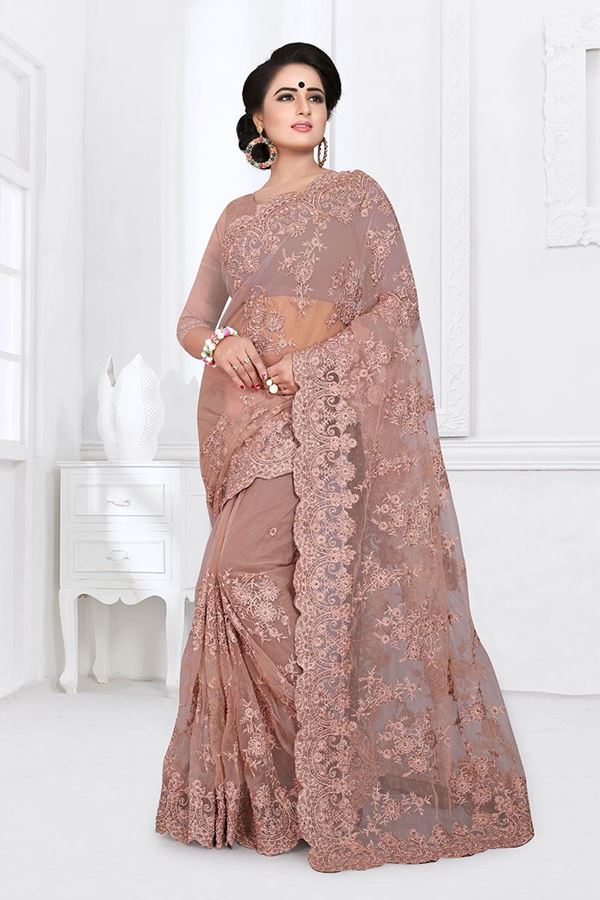 Picture of Lovely light brown Colored Party Wear Embroidered Net Saree