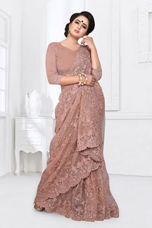 Picture of Lovely light brown Colored Party Wear Embroidered Net Saree