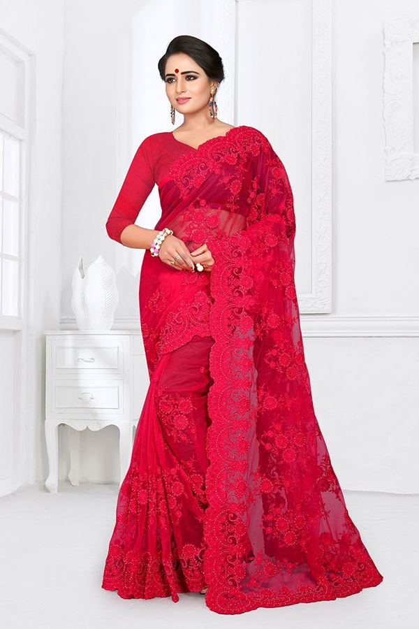 Picture of Adorable Red Colored Party Wear Printed Fancy Net Saree